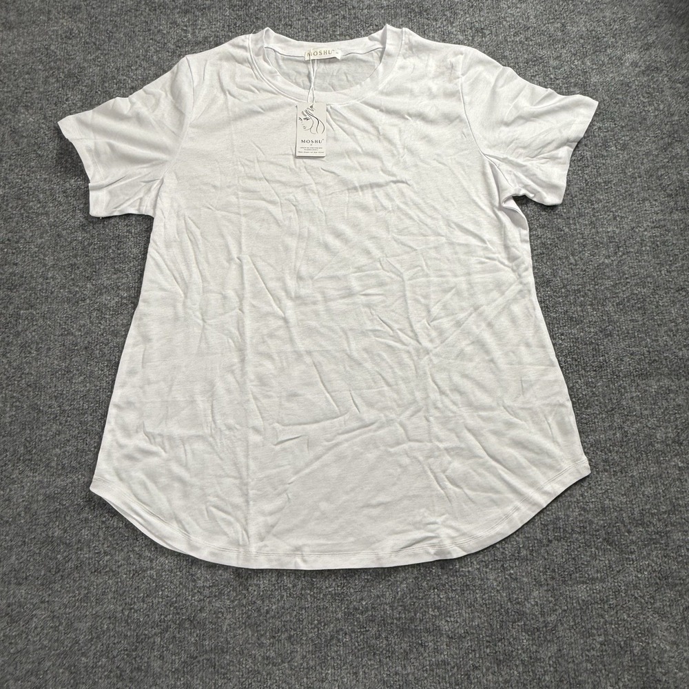 MOSHU Crew Neck T Shirt Large NWT White Tiny Stain Short Sleeve Casual Top
